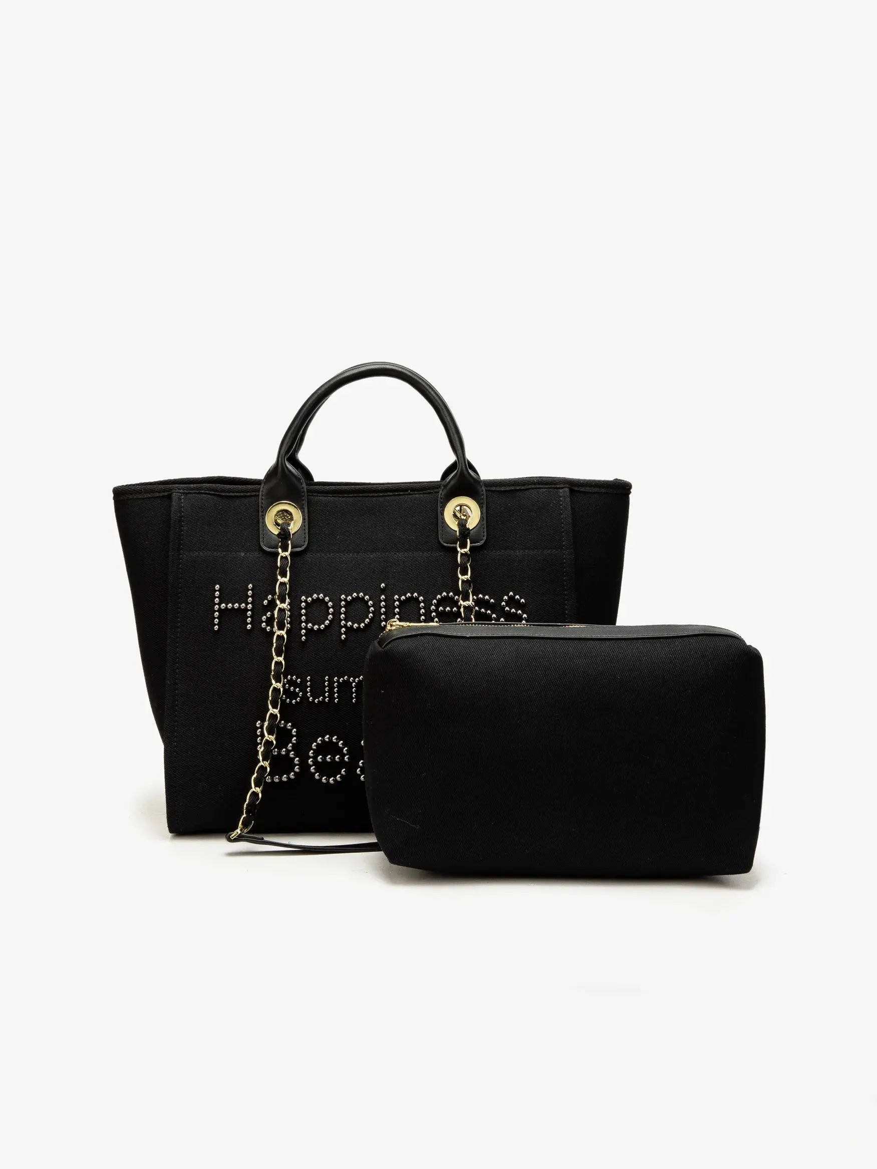 Sac cabas noir HautTote avec message brodé en perles 'Happiness Summer Beach', anses en cuir noir et chaîne dorée, avec sa pochette assortie.